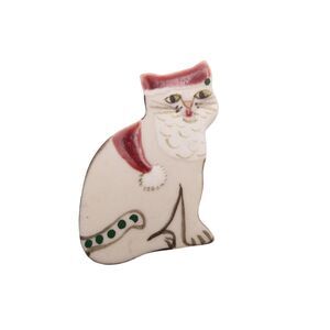 Artisan Signed Ceramic Cat Brooch Wearing Santa Hat Beard Whimsical Holiday